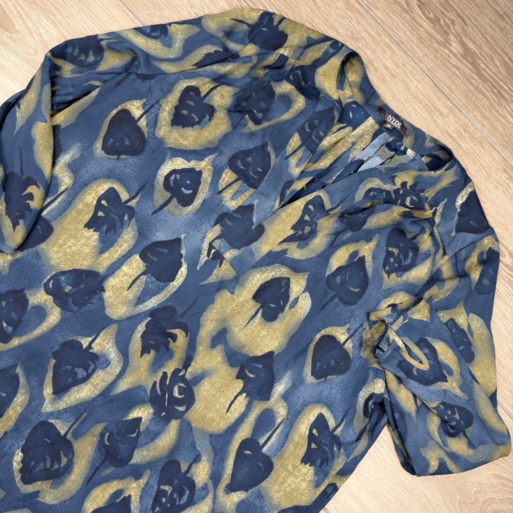 NYDJ Womens Blouse V-Neck Long Sleeve Abstract Leaf Print Blue Gold XS